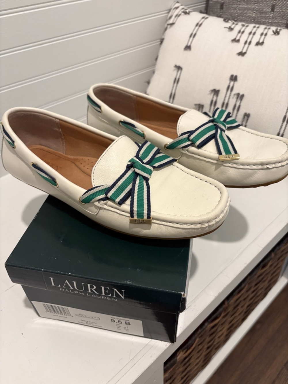 Ralph Lauren Cream Leather Loafers with Green & Navy Striped Bow